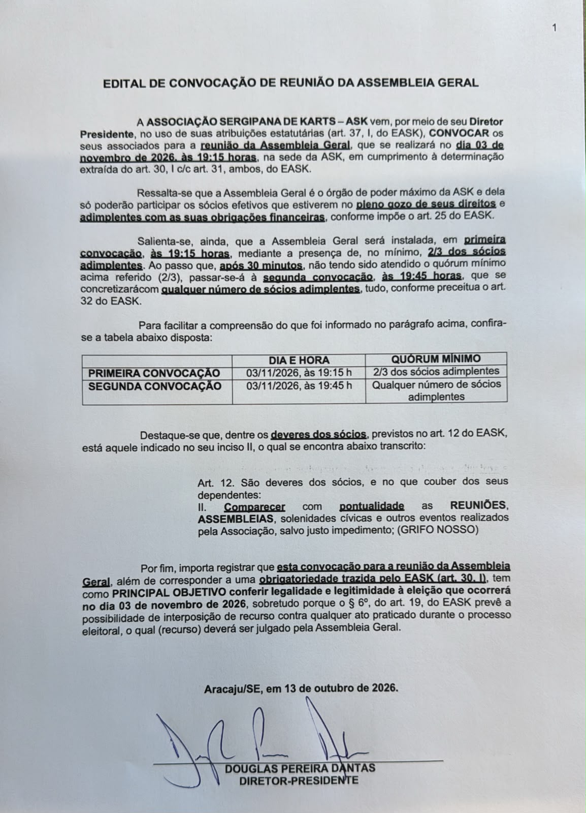 Edital de convocação assinado pelo diretor-presidente da ASK, Douglas Pereira Dantas